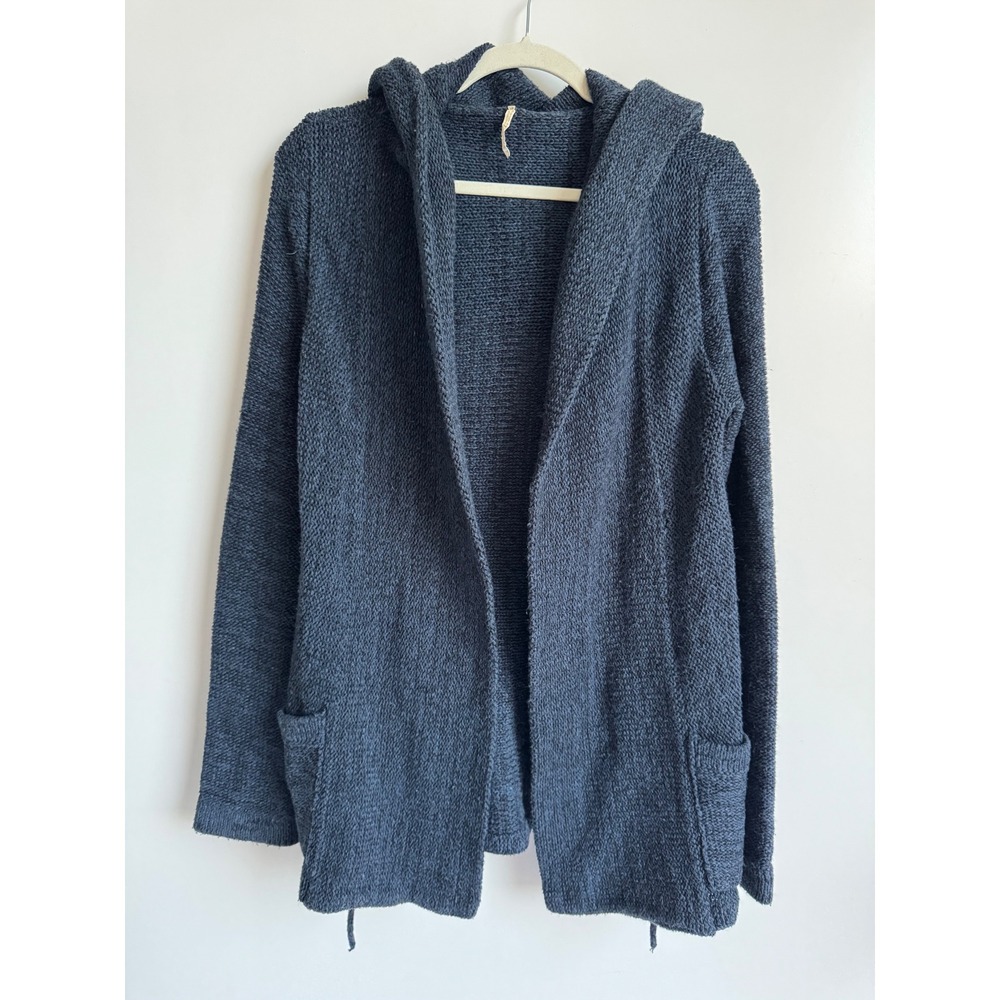 Free People Hooded Cardigan Open Front Boho Knit Sweater Gray Navy Small